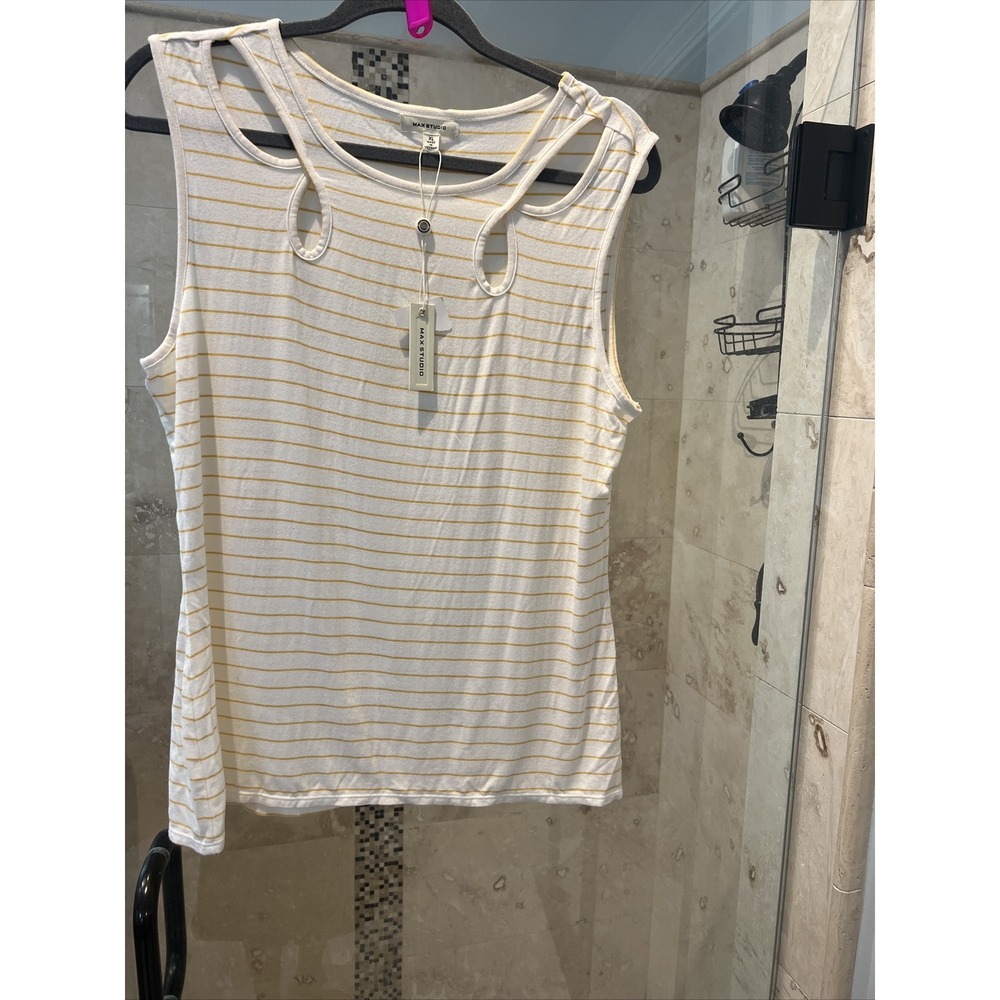 Max Studio London Womens Stripe Cutout Tank Top Yellow White XL 7M05Q71 NEW